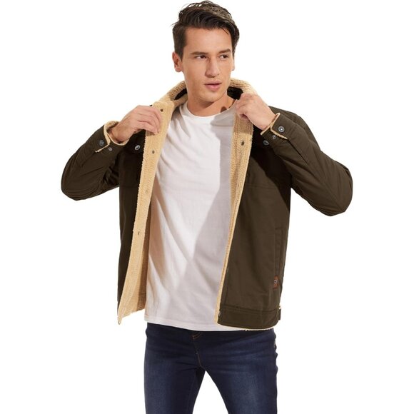 Mens Brown AI Winter Sherpa Lined Jacket Warm Trucker Coat Multi Pocket - Picture 7 of 7